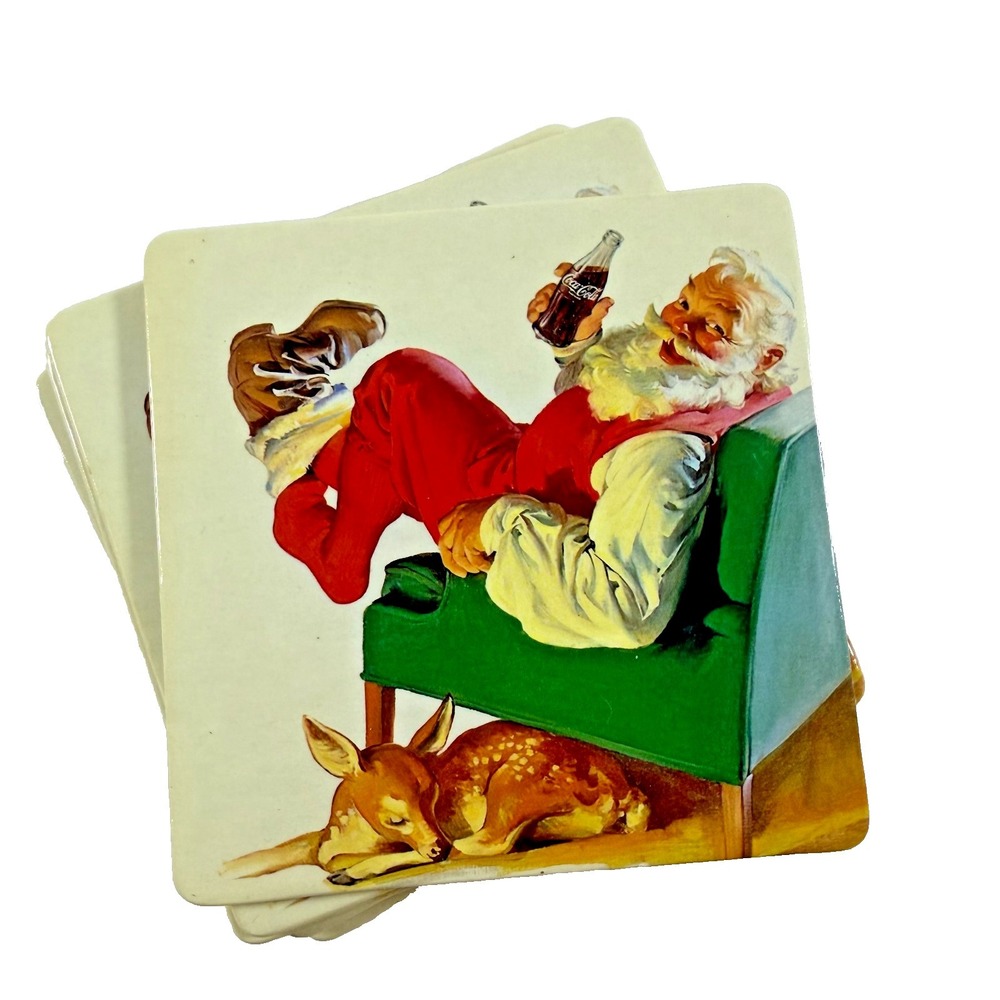 Coca Cola Christmas Coasters Set Of 7 Santa With Baby Deer Y2K Vintage